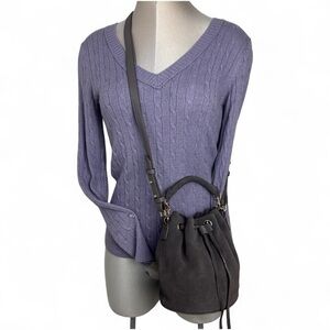Ann Taylor Drawstring Suede Mini Bucket Bag Crossbody in Dark Gray